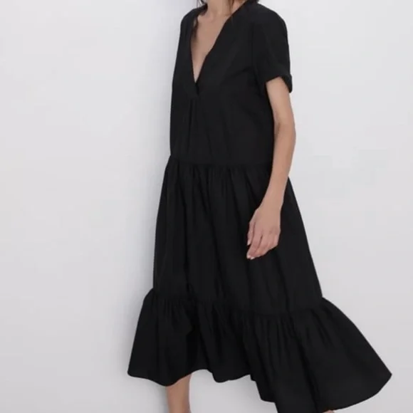 zara asymmetric poplin dress black Black midi poplin dress with asymmetrical details